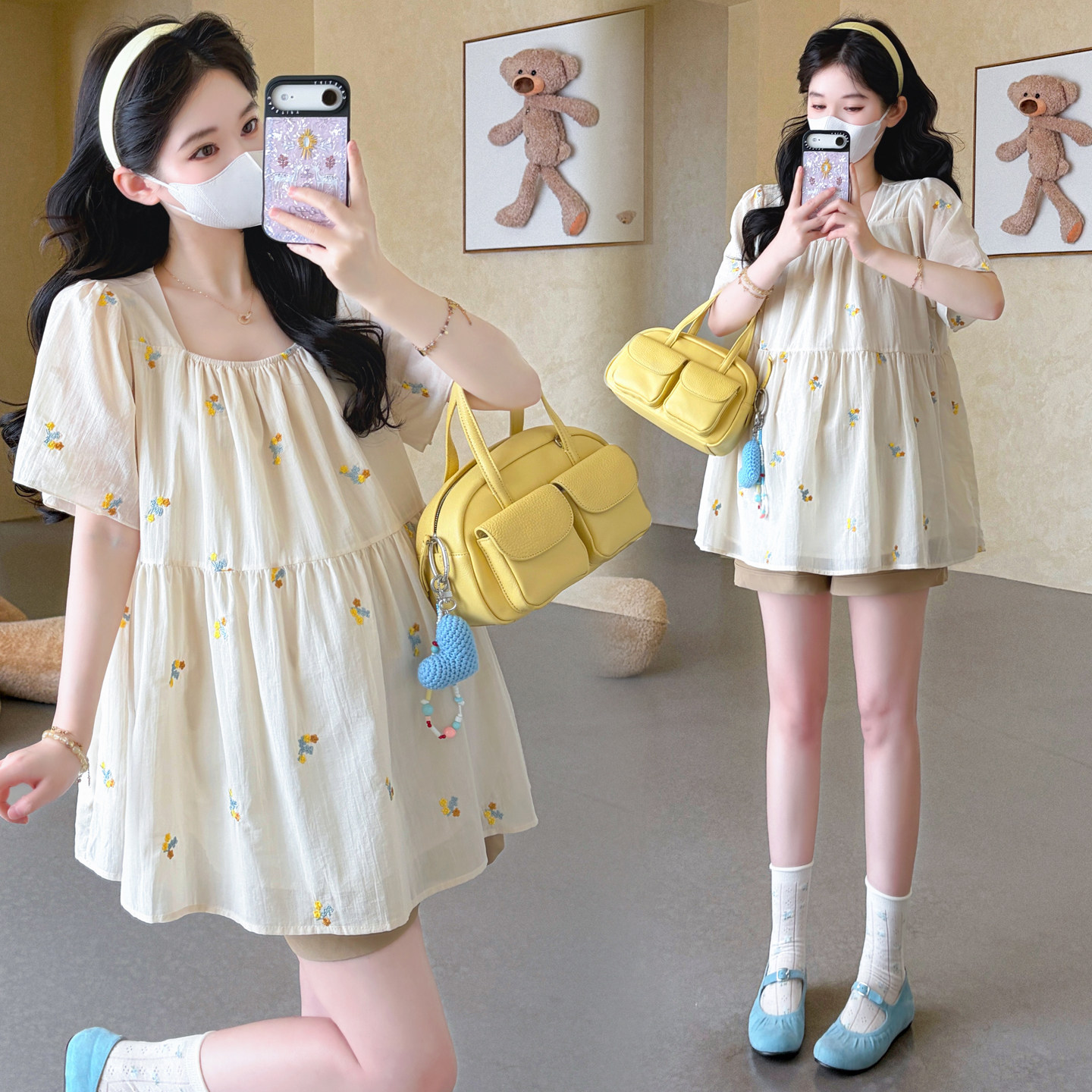 夏天薄款孕妇上衣夏季韩版刺绣减龄宽松甜美娃娃衫方领雪纺衫遮肚