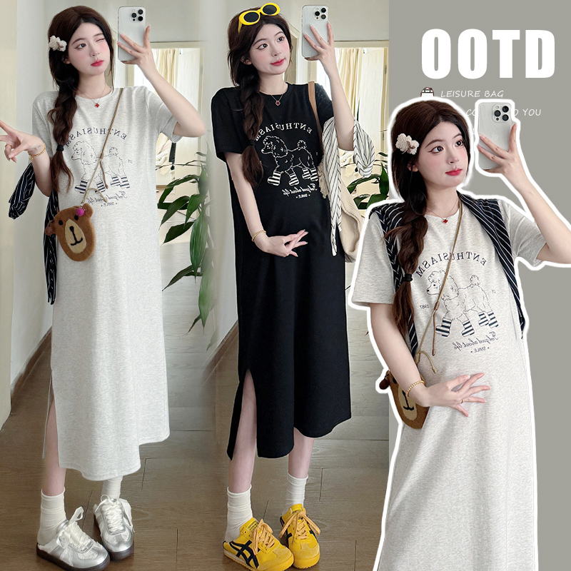 孕妇夏装大码长款t恤裙子夏天短袖高级感可爱动漫小狗宽松连衣裙