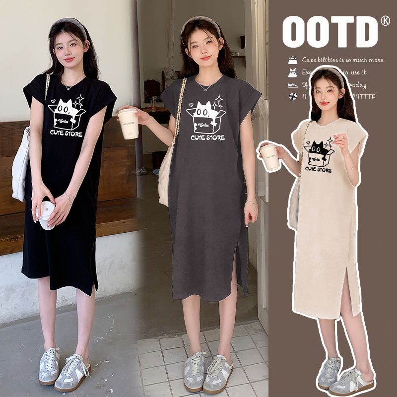 孕妇裙子夏季大码怀孕期衣服高级感卡通纯棉短袖开衩连衣裙T恤裙