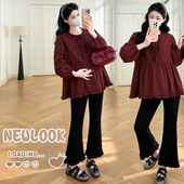 复古红色显白木耳边拼接娃娃衫 孕妇装 孕期气质上衣女 新款 2026春季