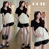 2026夏装 孕妈遮肚上衣女 孕妇上衣潮妈V领设计感荷叶边波点娃娃衫