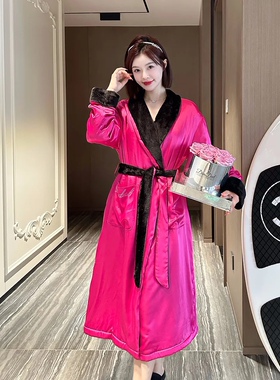 优雅玫红拼黑双层缎面加厚绒系带冬季女士家居浴袍