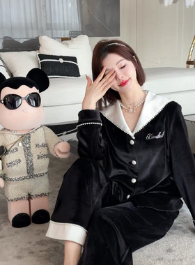 南法假日黑白撞色拼接丝绒 春秋套装轻奢家居服外穿