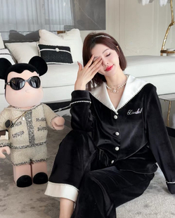 南法假日黑白撞色拼接丝绒 春秋套装轻奢家居服外穿