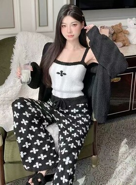 棉绸睡裤外套吊带背心女夏聚脂钎维宽松加大码绵绸家居服女士