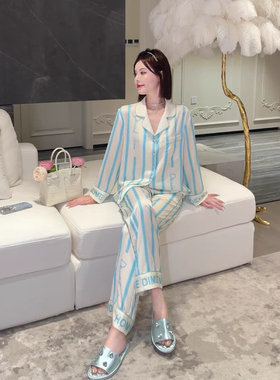 夏季女士睡衣套装2024水光锻条纹小翻领家居服三件套