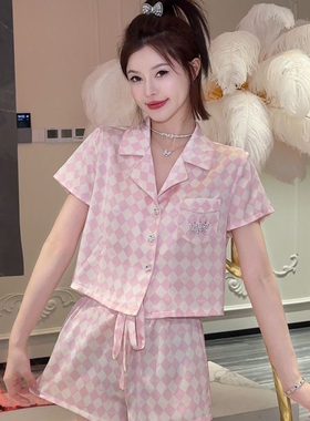 仿真丝睡衣爱丽丝粉白方块可外穿短袖家居服三件套