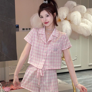 仿真丝睡衣爱丽丝粉白方块可外穿短袖家居服三件套