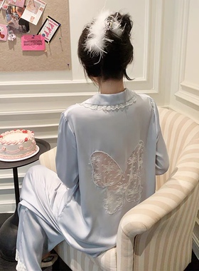 睡衣女2024新款春夏季长袖冰丝绸凉爽镂空蝴蝶结甜美花边家居服