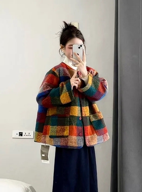 日系慵懒风黄色格子毛呢外套女冬季新款宽松显瘦加厚棉服保暖上衣