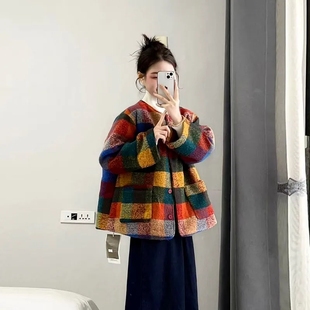 日系慵懒风黄色格子毛呢外套女冬季新款宽松显瘦加厚棉服保暖上衣