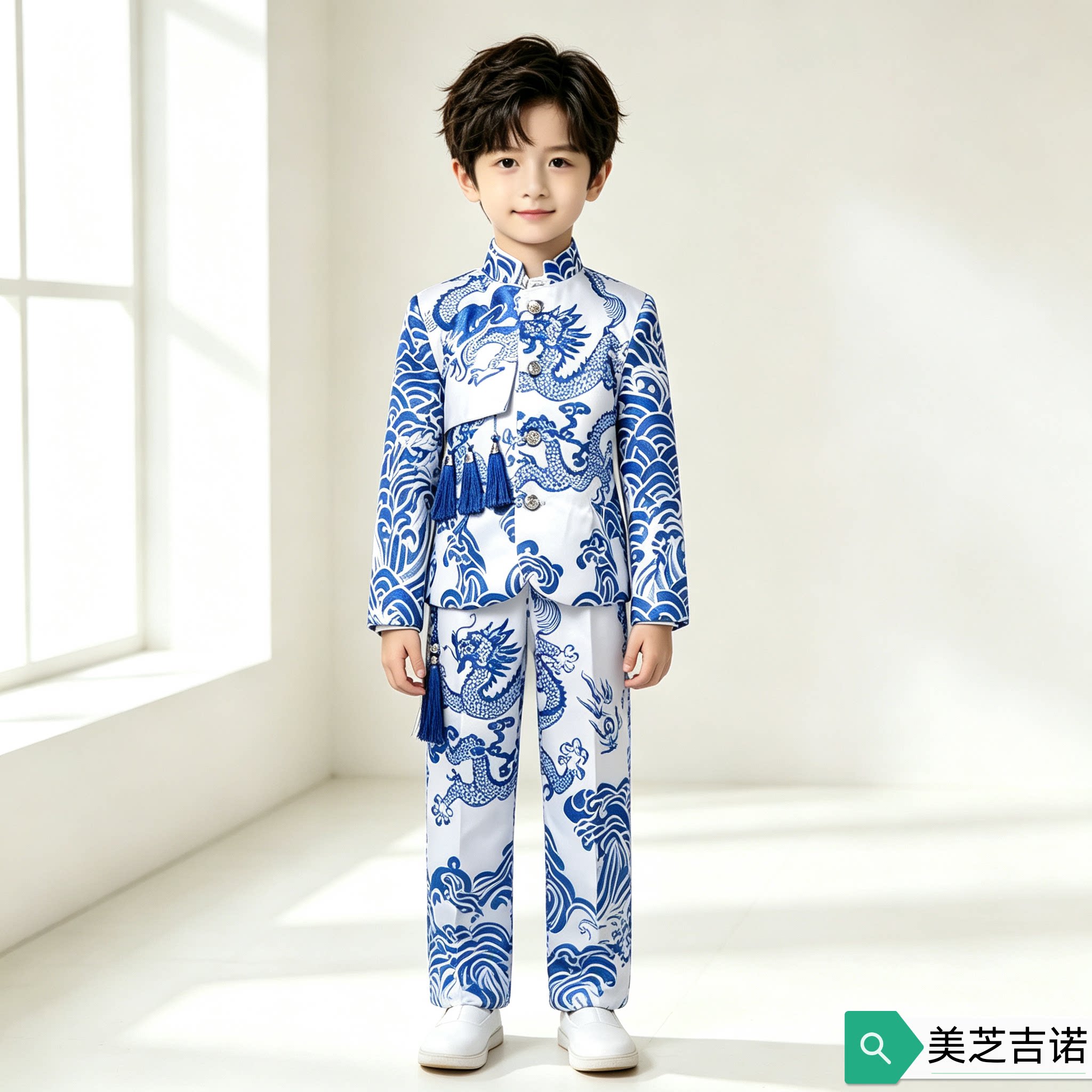 美芝吉诺男童礼服西装儿童演出服龙纹青花瓷礼服模特创意走秀唱歌