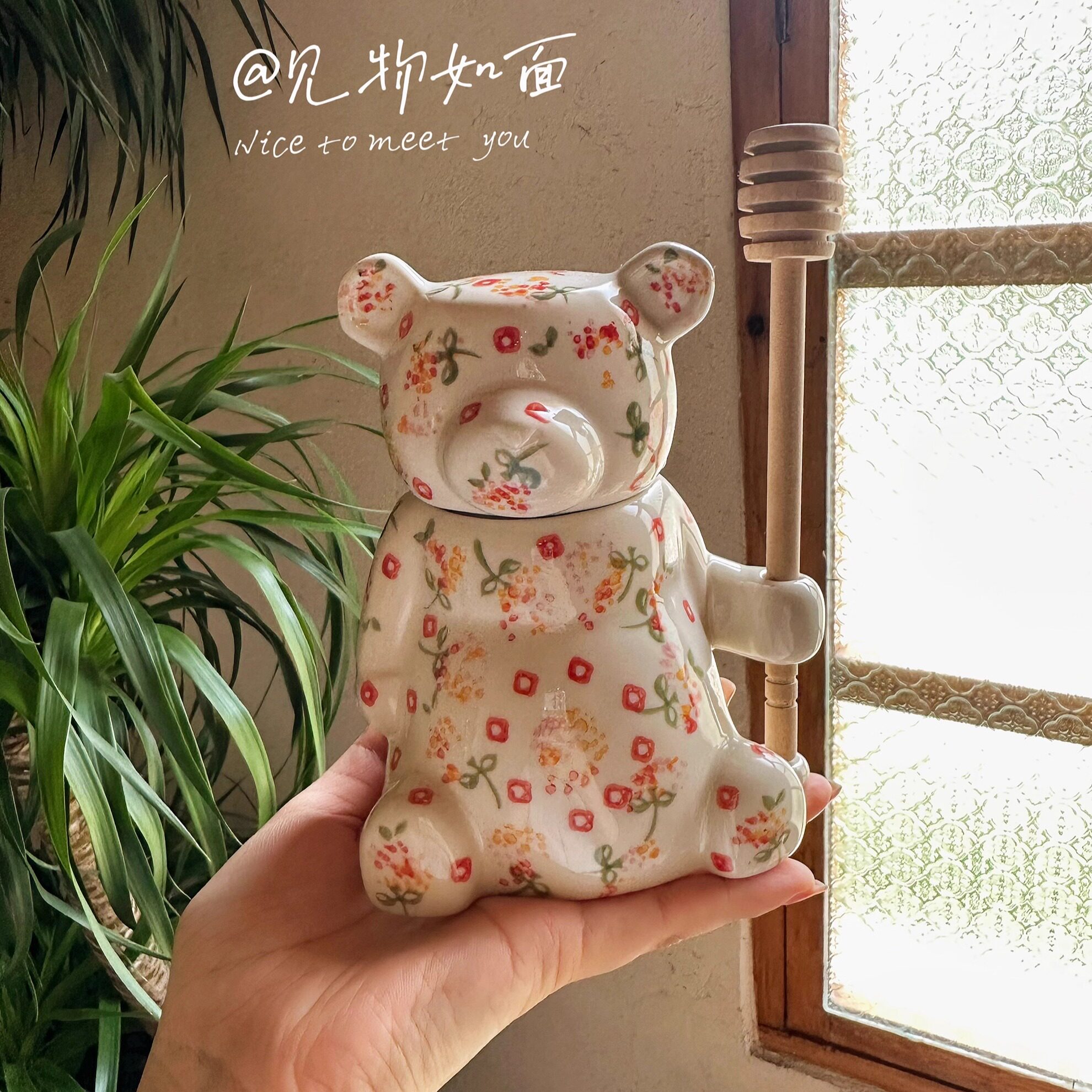 见物如面出口美国AN陶瓷小熊蜂蜜罐可爱手绘碎花艺术摆件储物罐