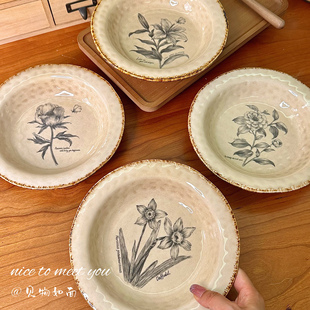 复古陶瓷盘子家用菜盘深盘西餐汤盘沙拉盘草帽盘民宿 见物家法式