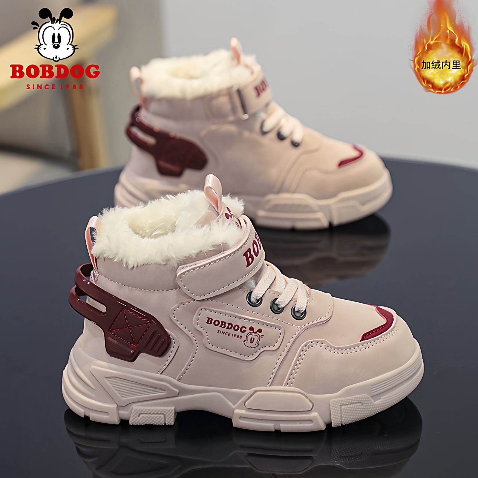 巴布豆女童棉鞋冬季皮面防水加绒加厚保暖儿童大棉鞋子女孩马丁靴