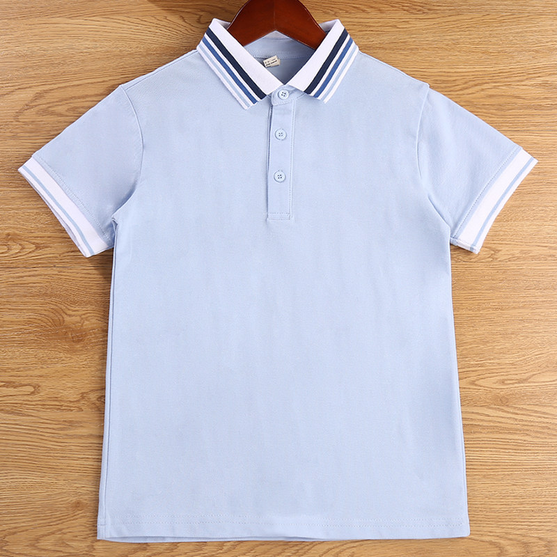 儿童校服短袖polo衫男女童夏季纯棉浅蓝色半袖学生班服领杠条T恤