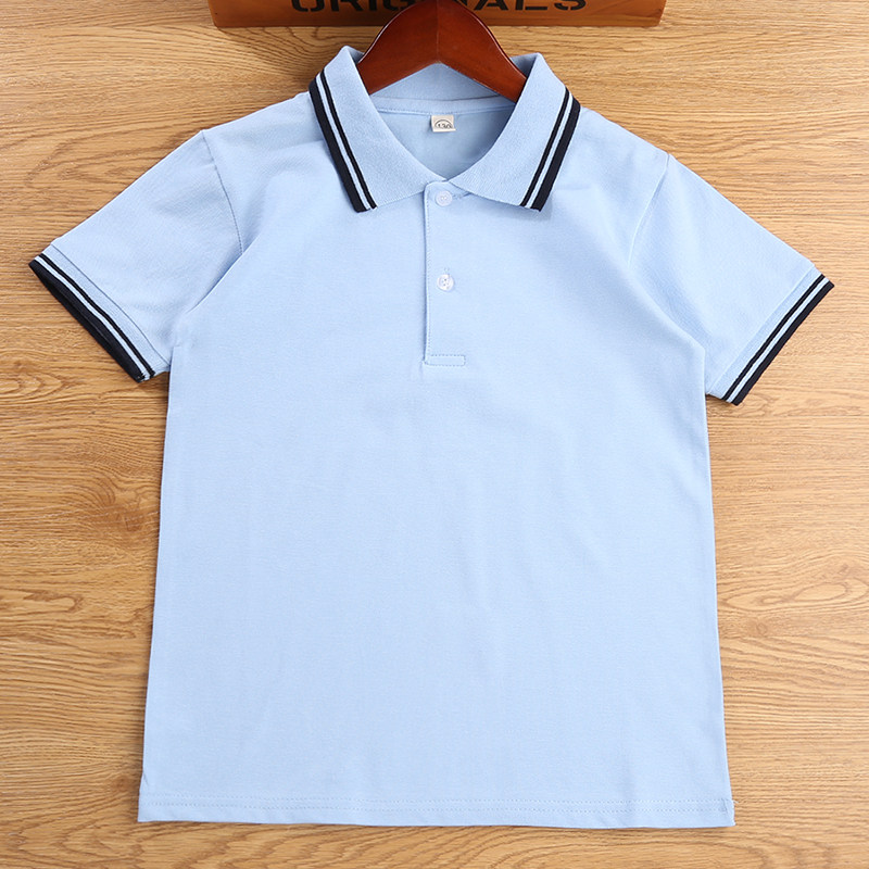 儿童校服短袖polo衫男女童夏季纯棉浅蓝色半袖初中小学生班服T恤
