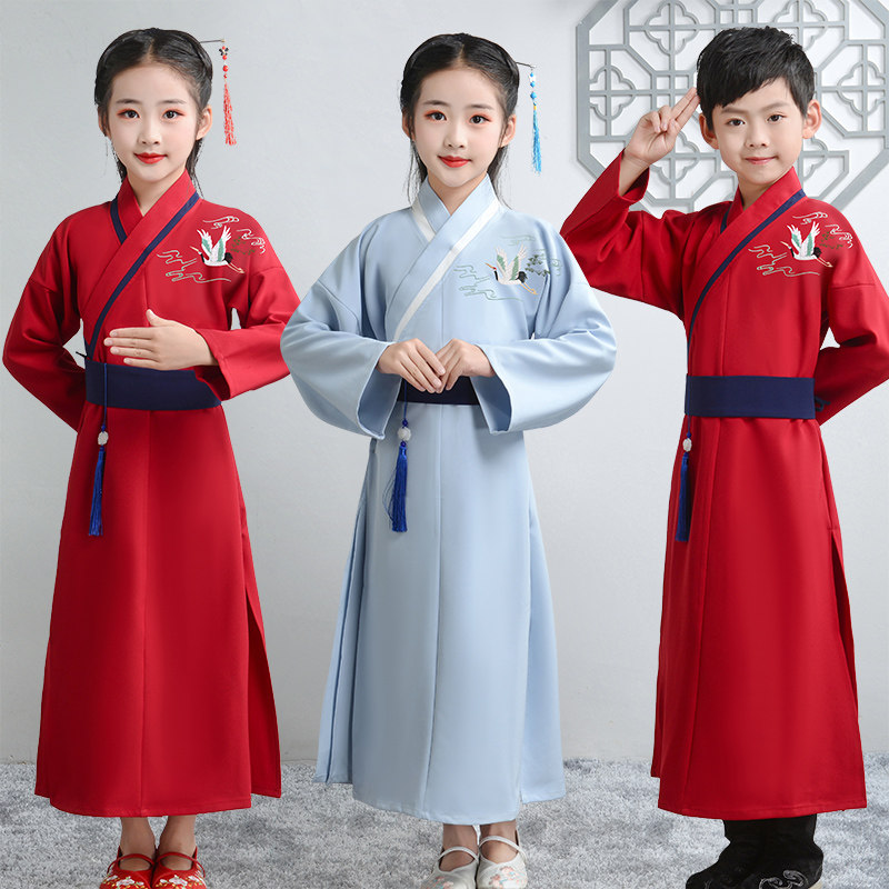 儿童古装汉服男国学服女童春装仙鹤刺绣连衣裙中国风襦裙演出服女