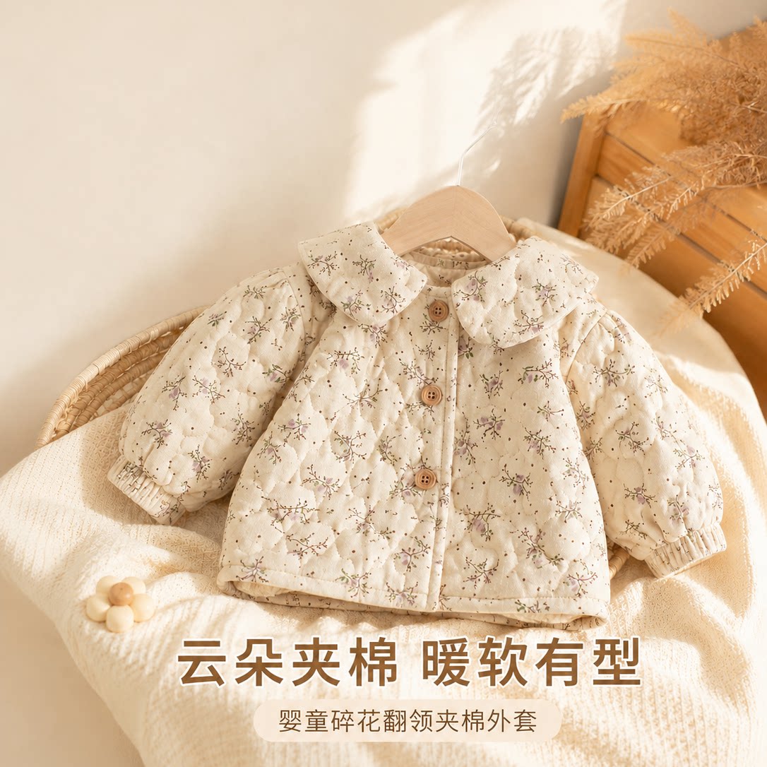 冬装棉服外套女童加绒碎花棉衣宝