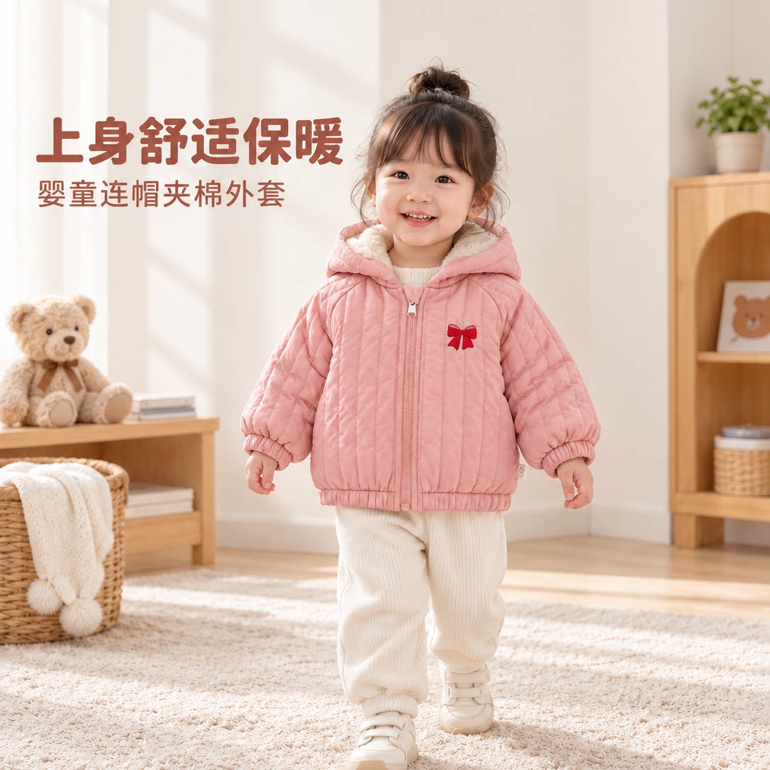 2026新款儿童外套咱家宝贝婴童连帽夹棉外套秋冬保暖菱格绗缝软