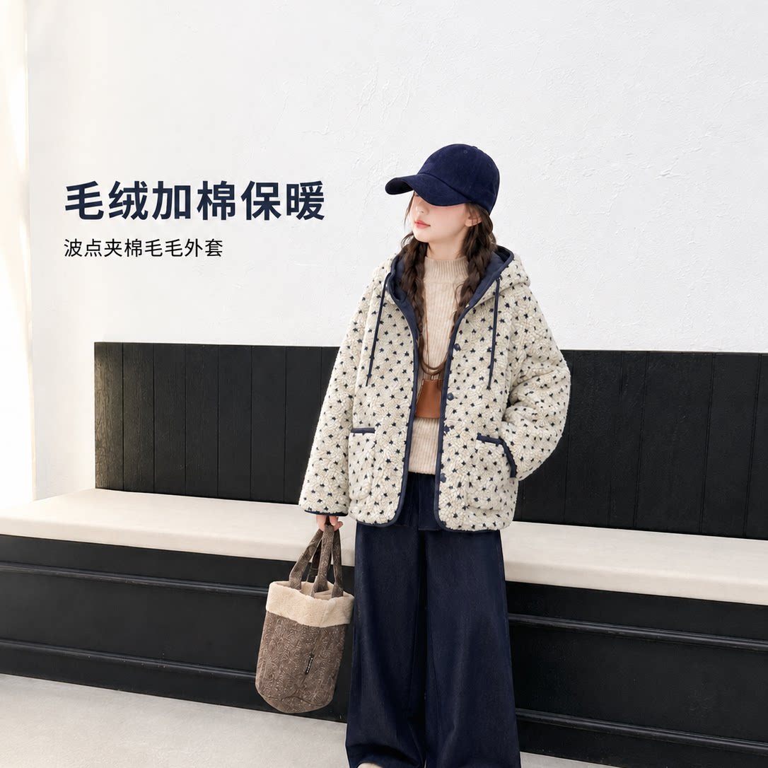 女童冬季连帽加绒加厚羊羔毛外套2025新款女大童冬装宽松毛毛衣。