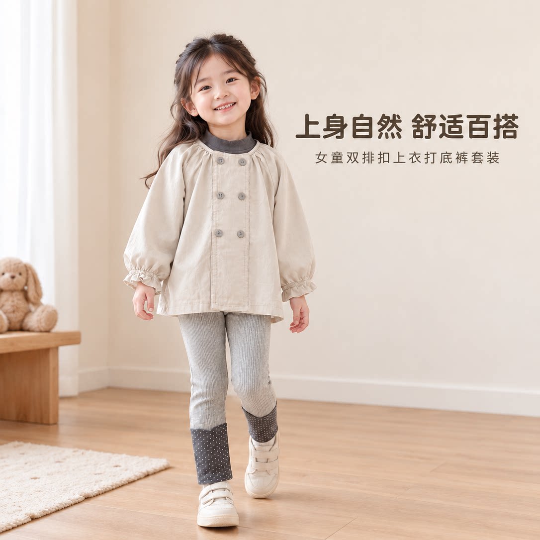 2026新款儿童外套简约风女童双排扣风衣外套春秋中长款洋气米色