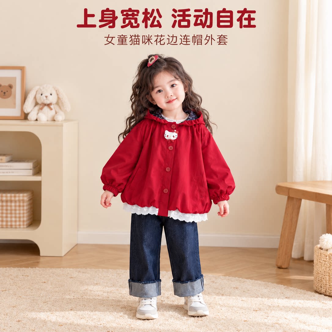 2026新款儿童外套女童甜美猫咪花边连帽外套春季新款洋气灯笼袖