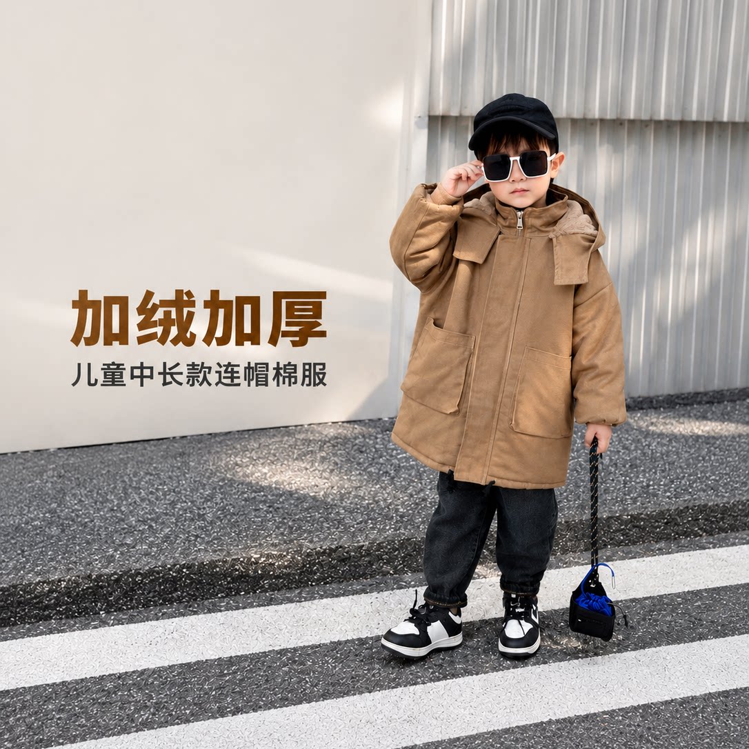 男童加绒外套冬装2025新款派克服洋气儿童中长款棉服加厚宝宝棉衣