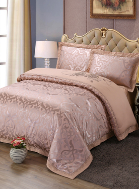 全棉床盖四件套夹棉加厚贡缎提花床上用品大红色绣花绗绣套件