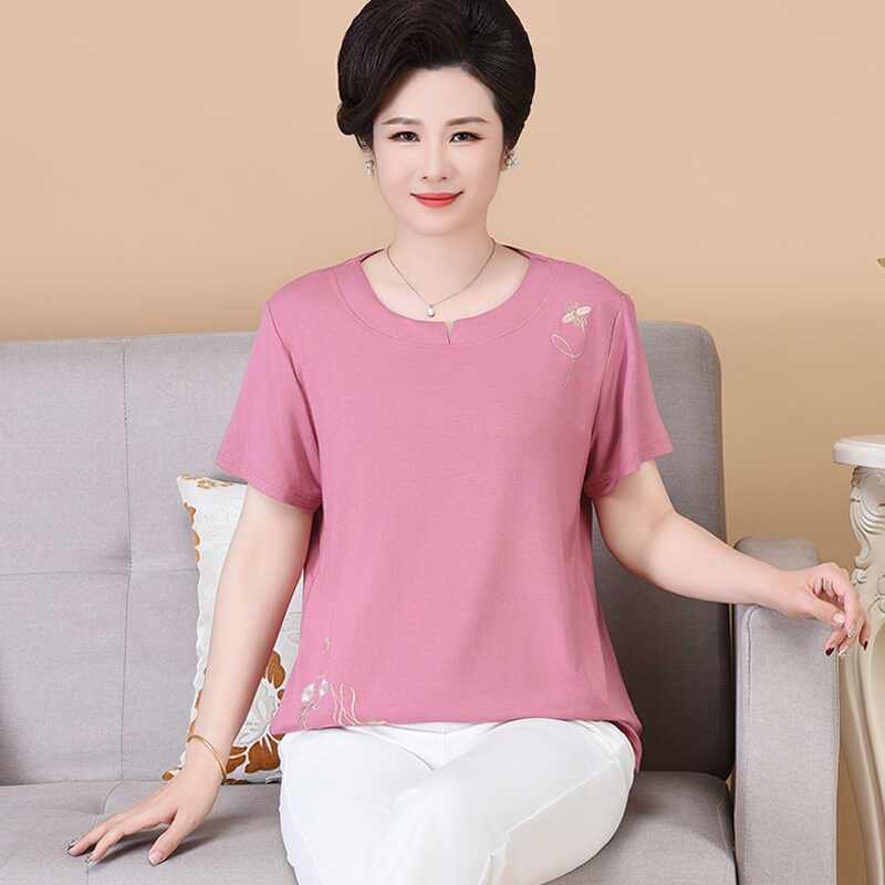 妈妈夏装短袖t恤女莫代尔时尚小衫中老年绣花洋气宽松半袖上衣薄