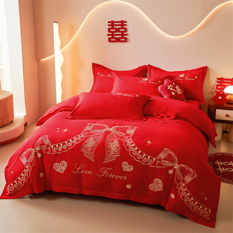 加厚磨毛大红婚庆四件套新婚陪嫁床上用品婚房喜庆被套床单床笠款