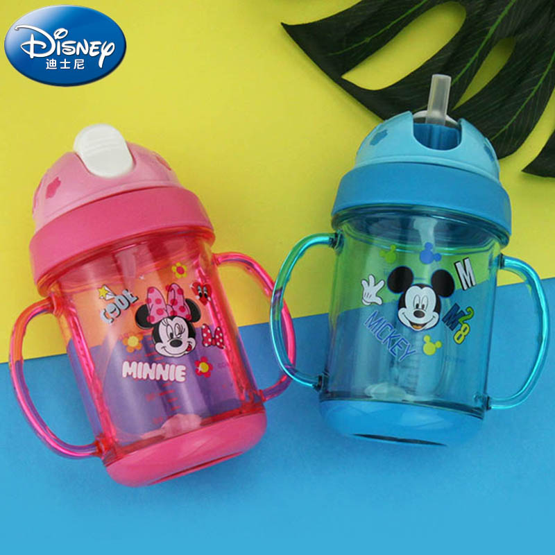 迪士尼婴儿童吸管杯防漏带双手柄宝宝学饮杯喝水杯子防摔幼儿园