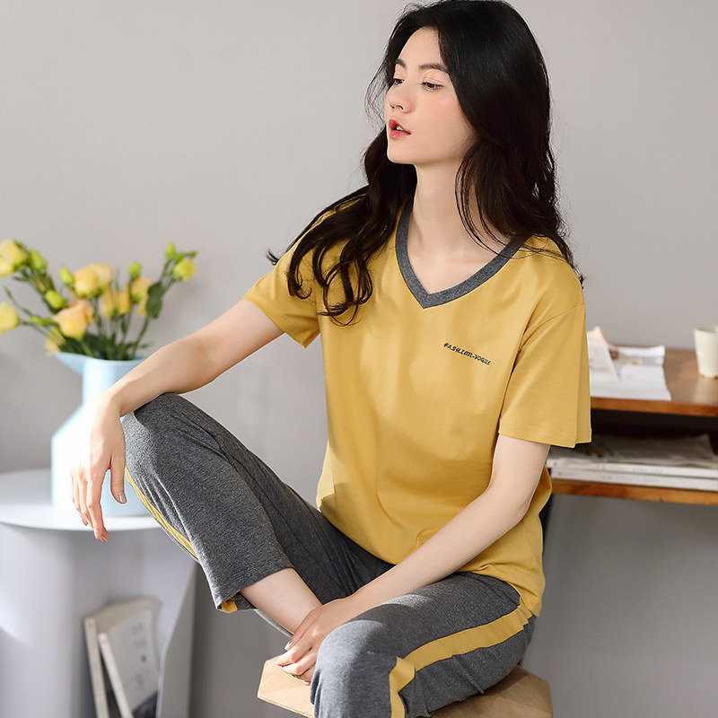 居家服女夏季短袖长裤夏季纯棉两件套2022年新款妈妈睡衣女可外穿