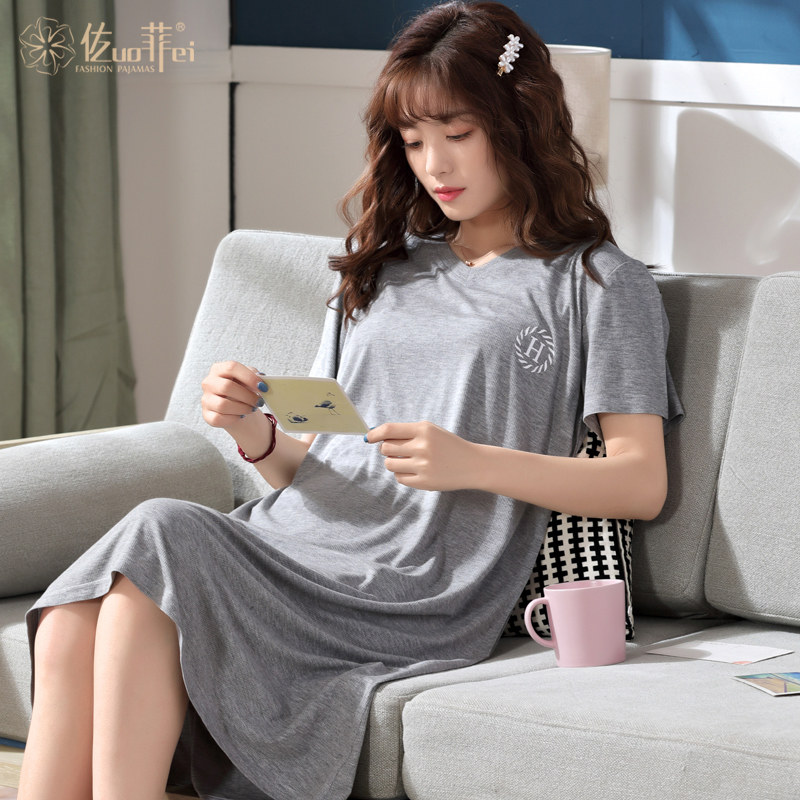 夏季睡衣女莫代尔新款休闲居家可出门薄款宽松少女短袖连体睡裙夏