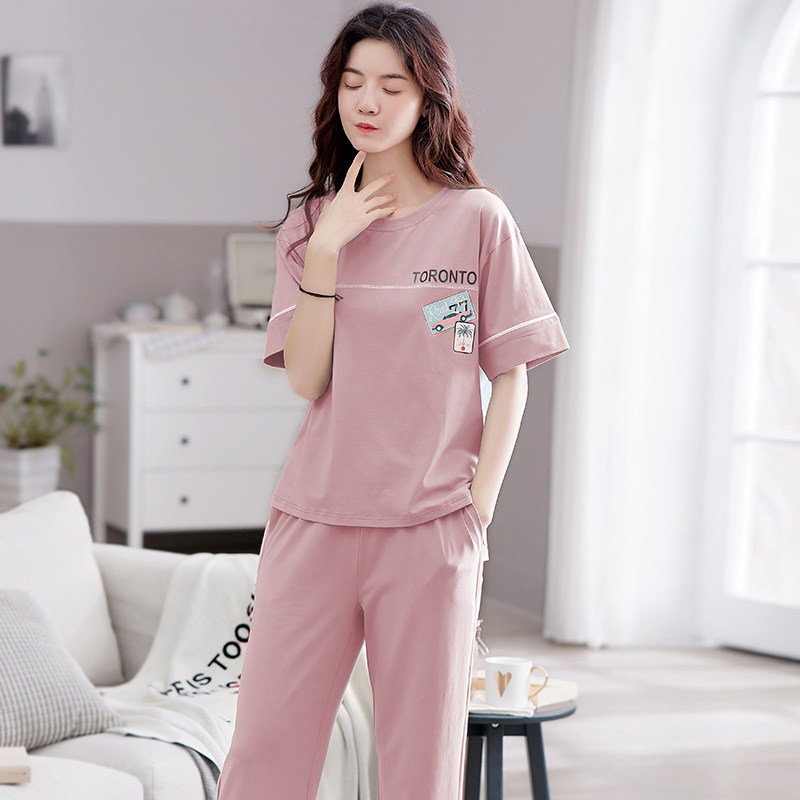 睡衣女夏两件套纯棉短袖长裤家居服女夏季薄款休闲居家服套装女士
