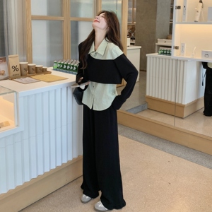 现 货 数据好 韩系假两件拼接衬衫阔腿裤套装C189-8302-P175-K258图片