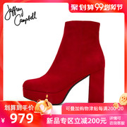 Jeffrey Campbell2019秋冬新品简约红色绒面圆头粗跟高跟拉链短靴