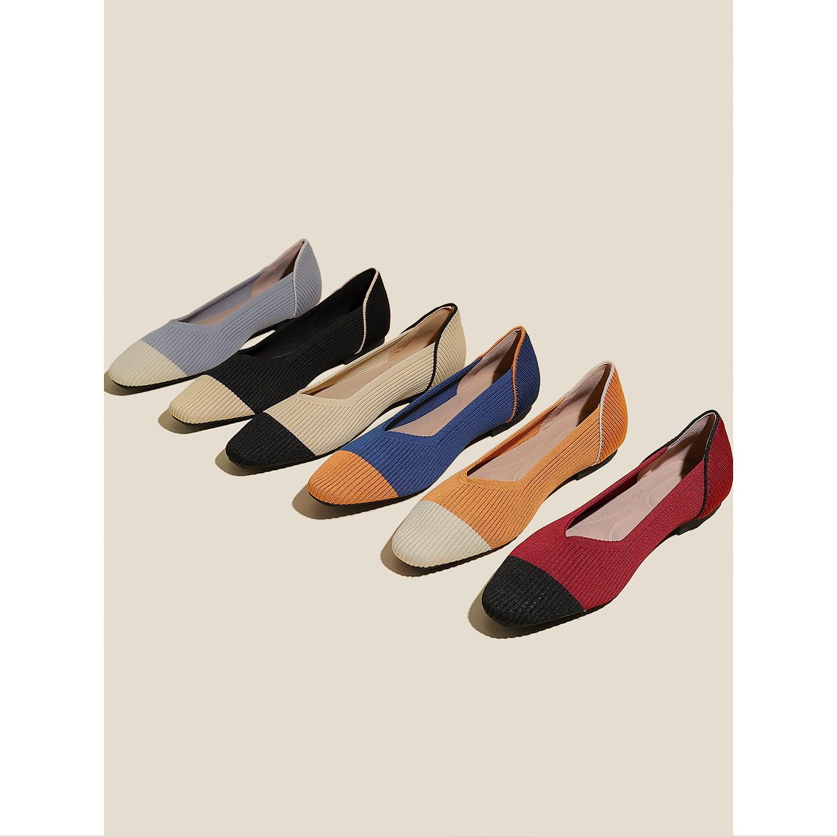 日系王妃鞋女2023新款小方头浅口百搭飞织针织单鞋小香风拼色平底,女鞋,浅口单鞋,淘宝优惠券,粉丝福利购,淘宝优惠卷