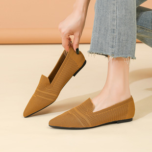 外贸飞织王妃鞋秋季针织编织鞋深口平底尖头一脚蹬工作大码单鞋女