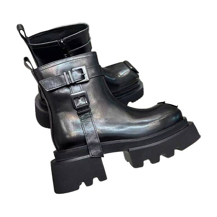 秋冬男女同款增高大码短靴厚底马丁靴女欧美小众机车靴子皮鞋黑色