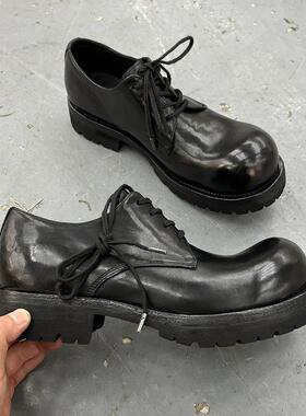 顶版黑色复古大头德比鞋休闲增高粗跟41皮鞋43男女系带大码女鞋45
