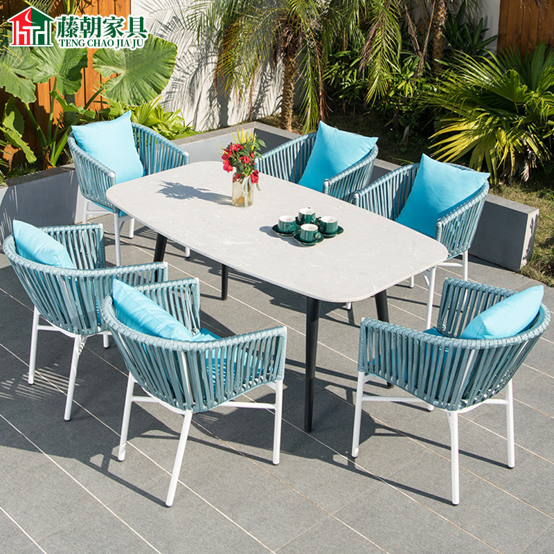 藤朝户外桌椅庭院室外花园院子露台网红蓝色藤编大理石北欧桌椅