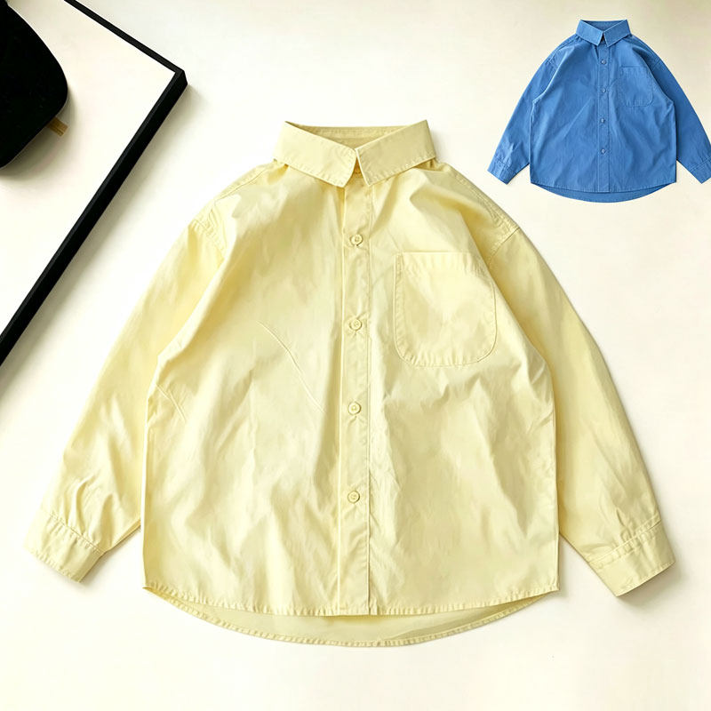 新款男童衬衫中大童纯棉春秋纯色长袖宽松上衣外套显白黄色衬衣
