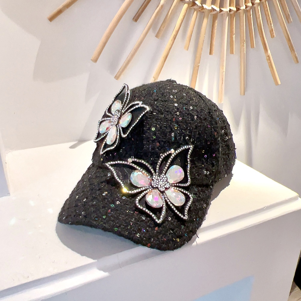 棒球帽女2023新款显脸小亮片蝴蝶水钻遮阳帽韩版百搭防晒鸭舌帽子