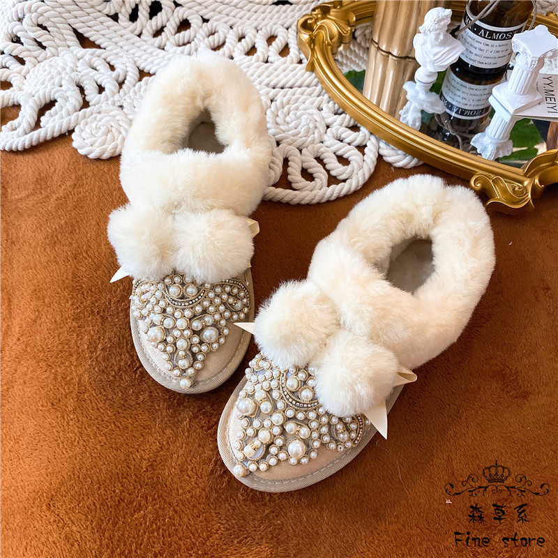 时尚韩版带钻珍珠毛毛鞋保暖棉靴