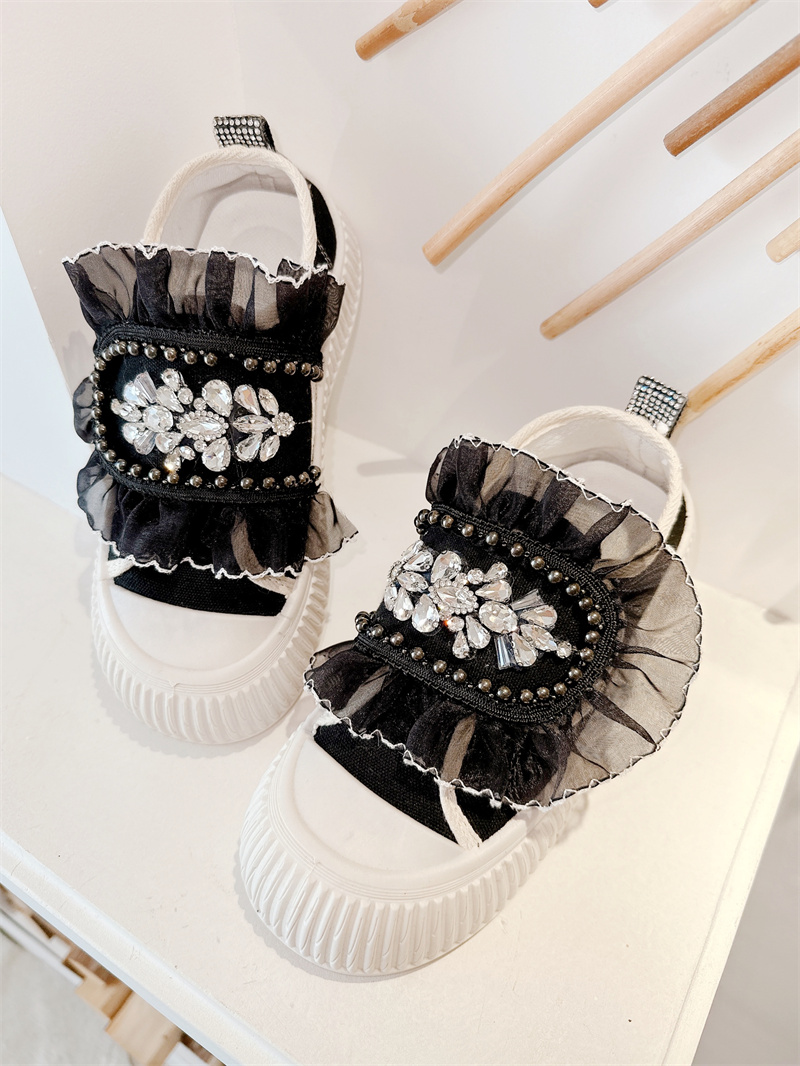 低帮圆头可爱蕾丝水钻魔术贴帆布