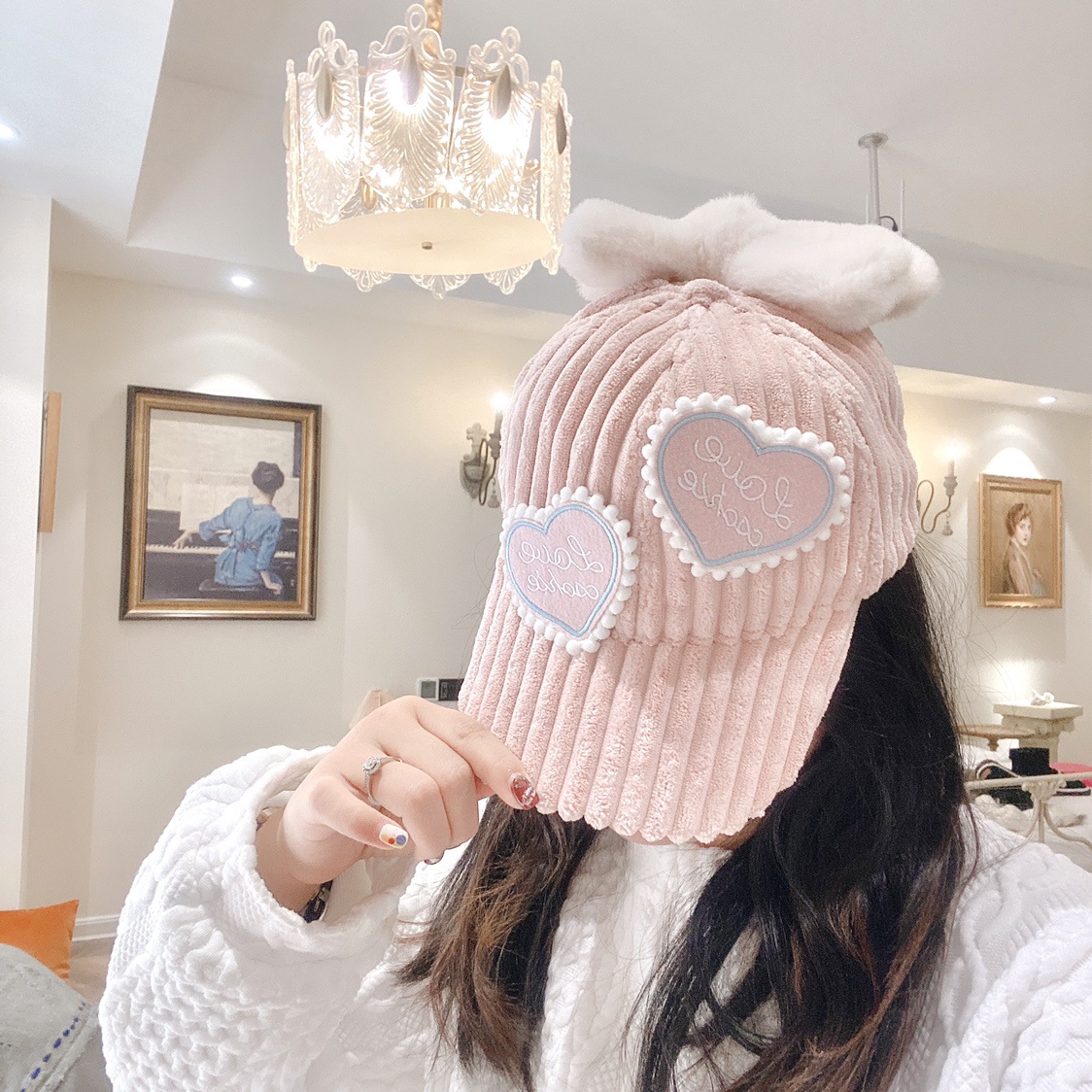 鸭舌棒球帽女蝴蝶结甜美粉色爱心