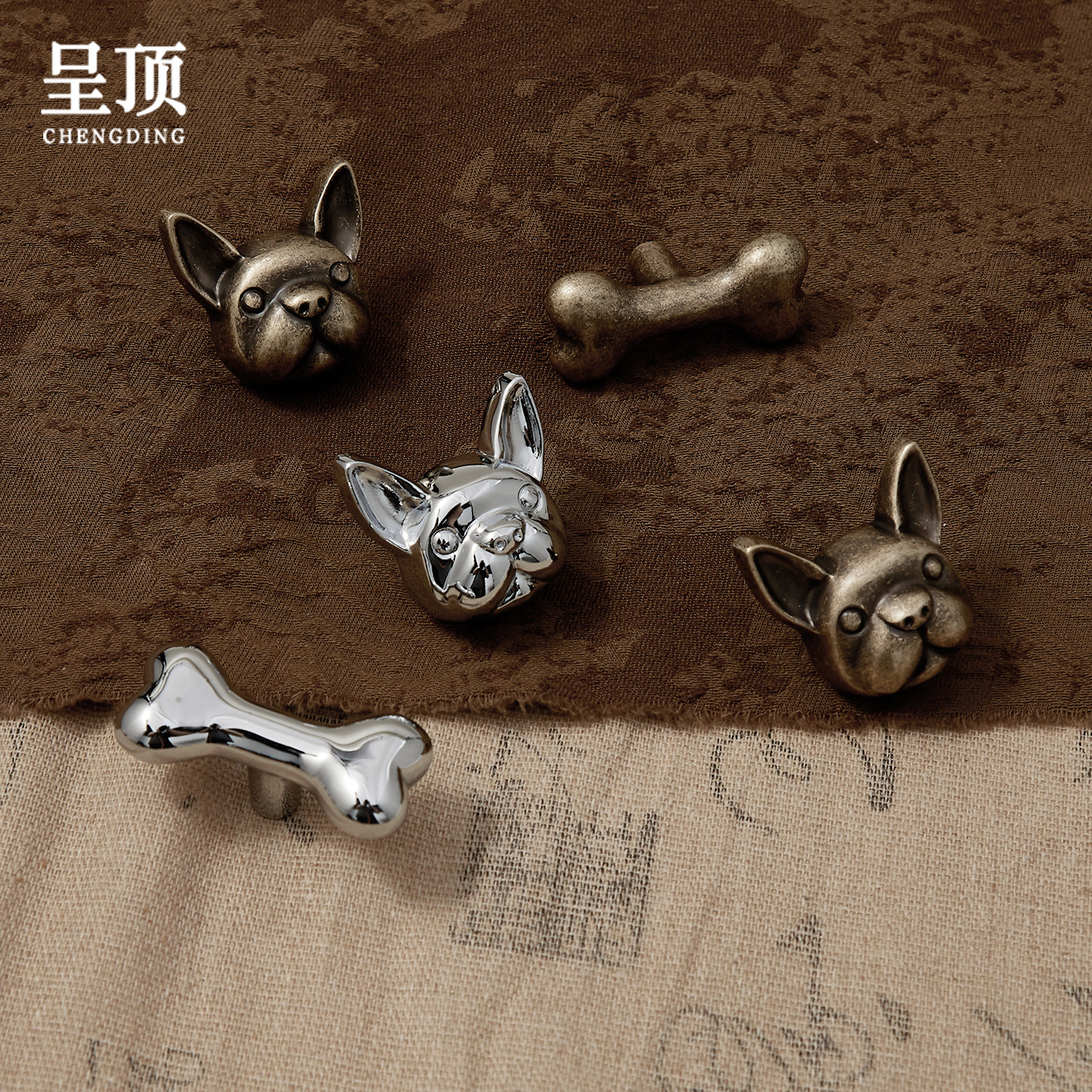 呈顶儿童房可爱创意小狗骨头拉手古铜色银色黄铜衣柜门抽屉小把手