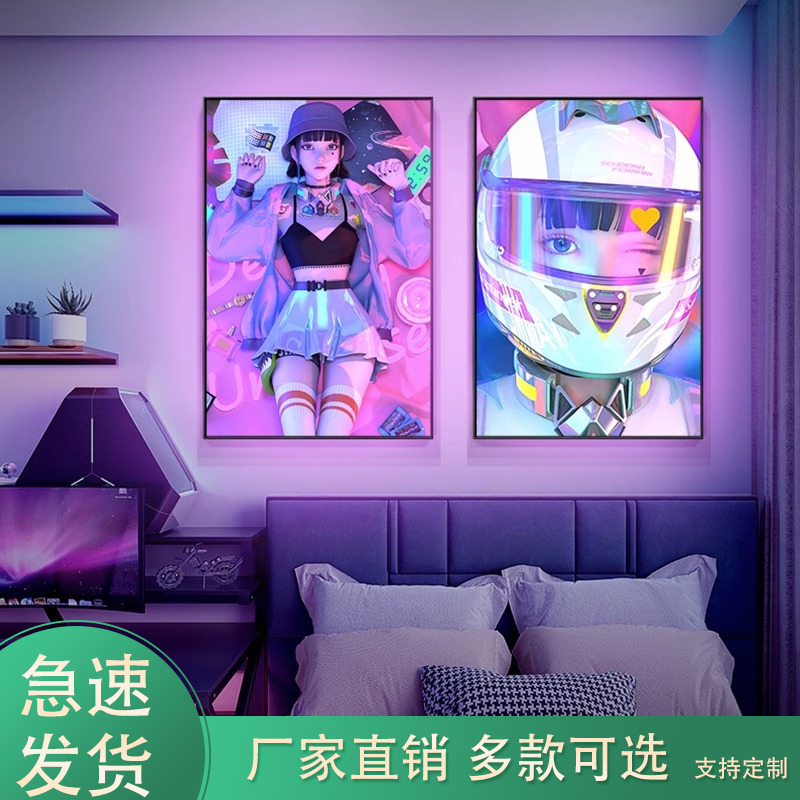 入户玄关装饰画电竞房LED发光画酒店网吧酒吧灯光画机车少女挂画图片