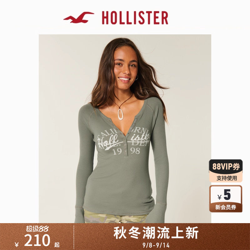 Hollister25秋新款LOGO美式辣妹亨利领印花长袖T恤女装KI357-5019